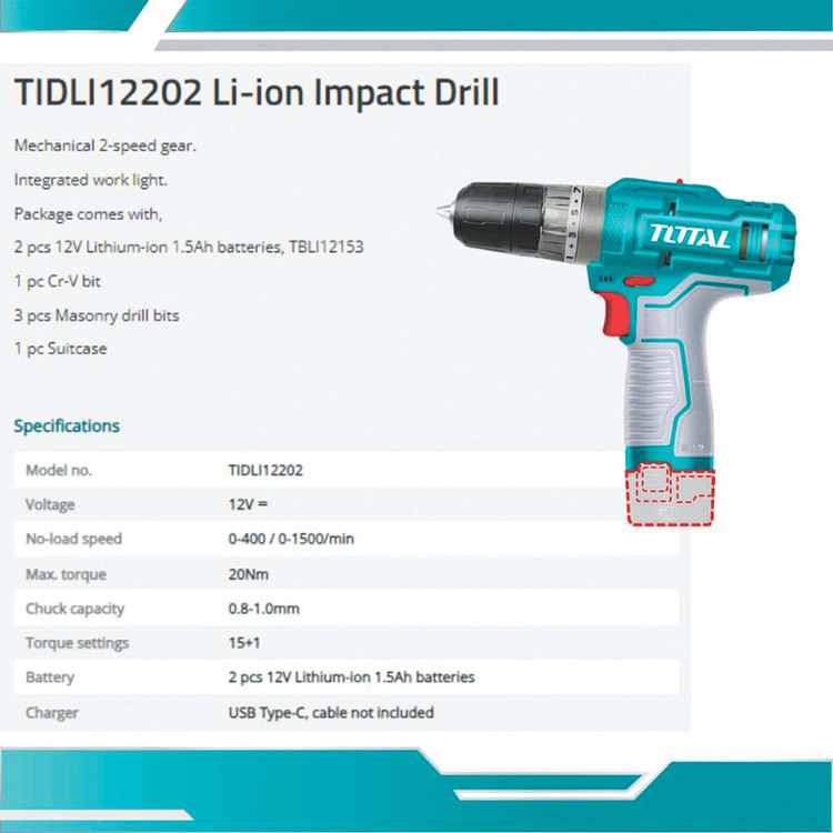 پیچ گوشتی شارژی 12 ولت توتال مدل TIDLI-12202-12V